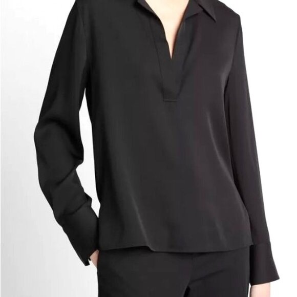 VINCE Stretch Silk Long Sleeve Polo Blouse Black Size 4 Minimalist Luxury Top - Picture 4 of 10